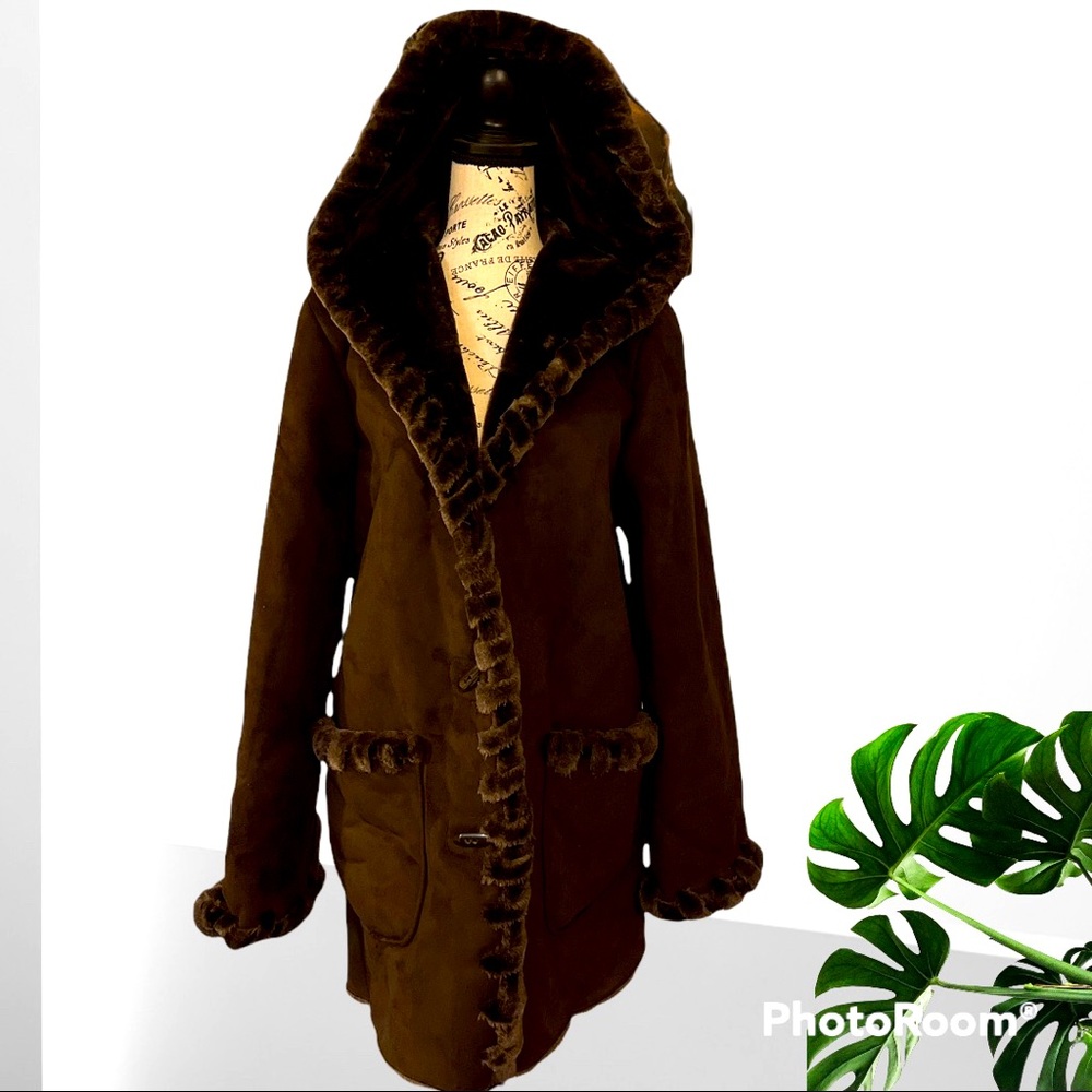 Brown Hooded Faux Suede Button Down Furry Lined Jones New York Coat